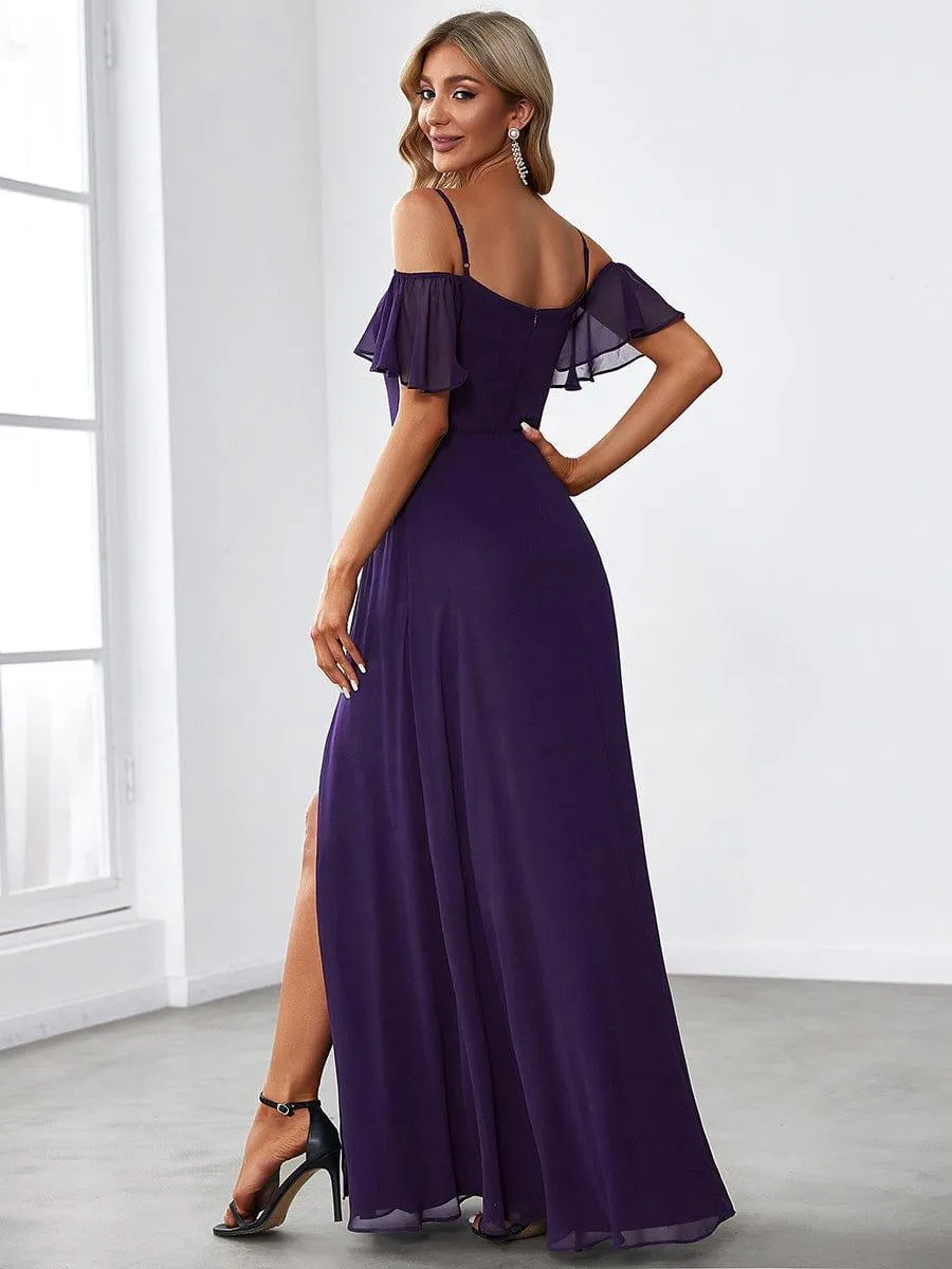 Stylish Cold-Shoulder Floor Length Bridesmaid Dress with Side Slit