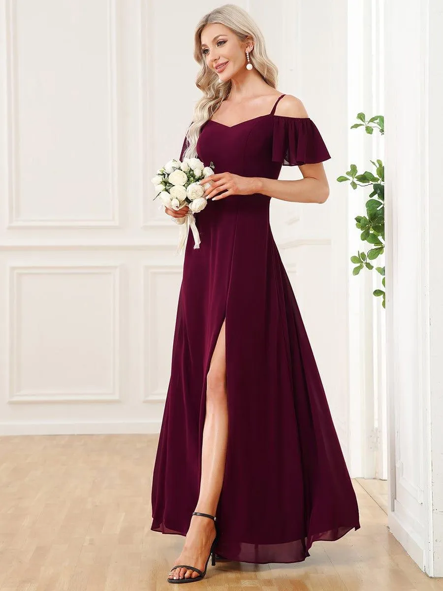Stylish Cold-Shoulder Floor Length Bridesmaid Dress with Side Slit