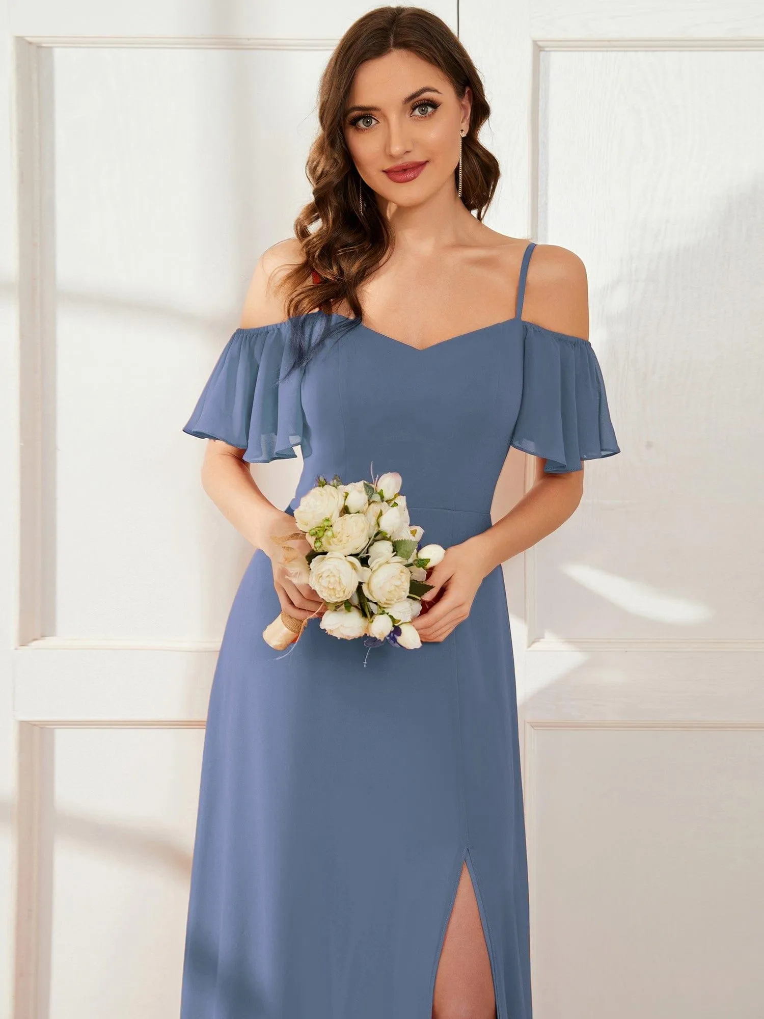 Stylish Cold-Shoulder Floor Length Bridesmaid Dress with Side Slit