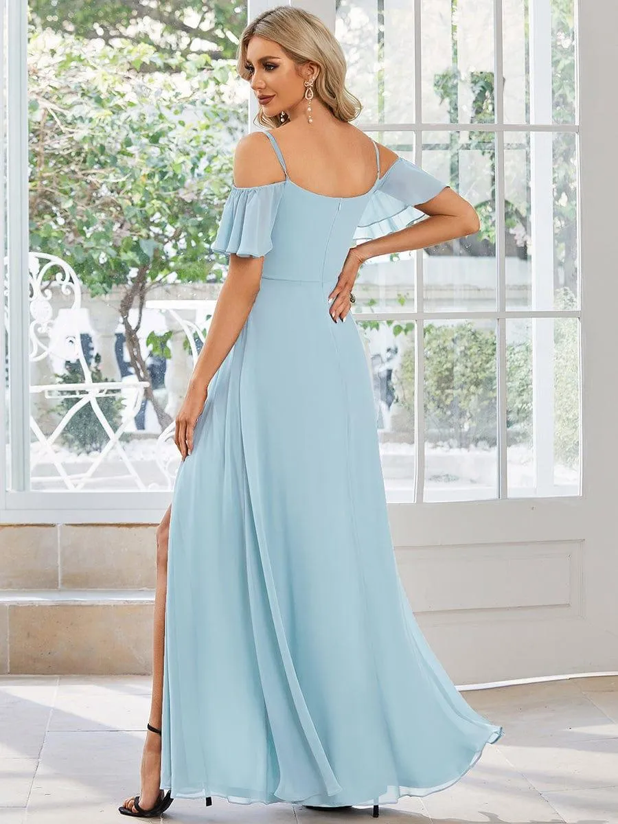 Stylish Cold-Shoulder Floor Length Bridesmaid Dress with Side Slit