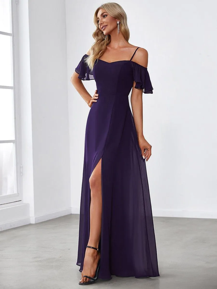 Stylish Cold-Shoulder Floor Length Bridesmaid Dress with Side Slit