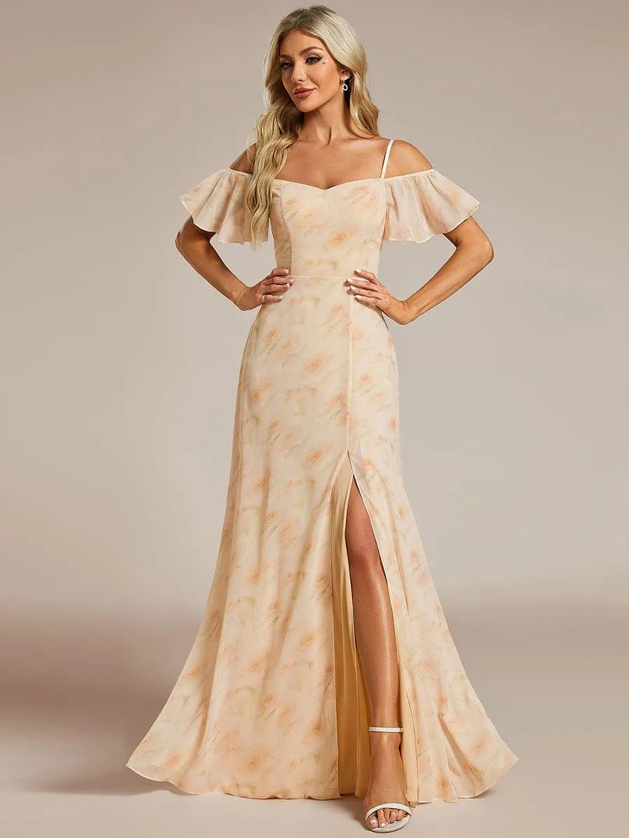 Stylish Cold-Shoulder Floor Length Bridesmaid Dress with Side Slit