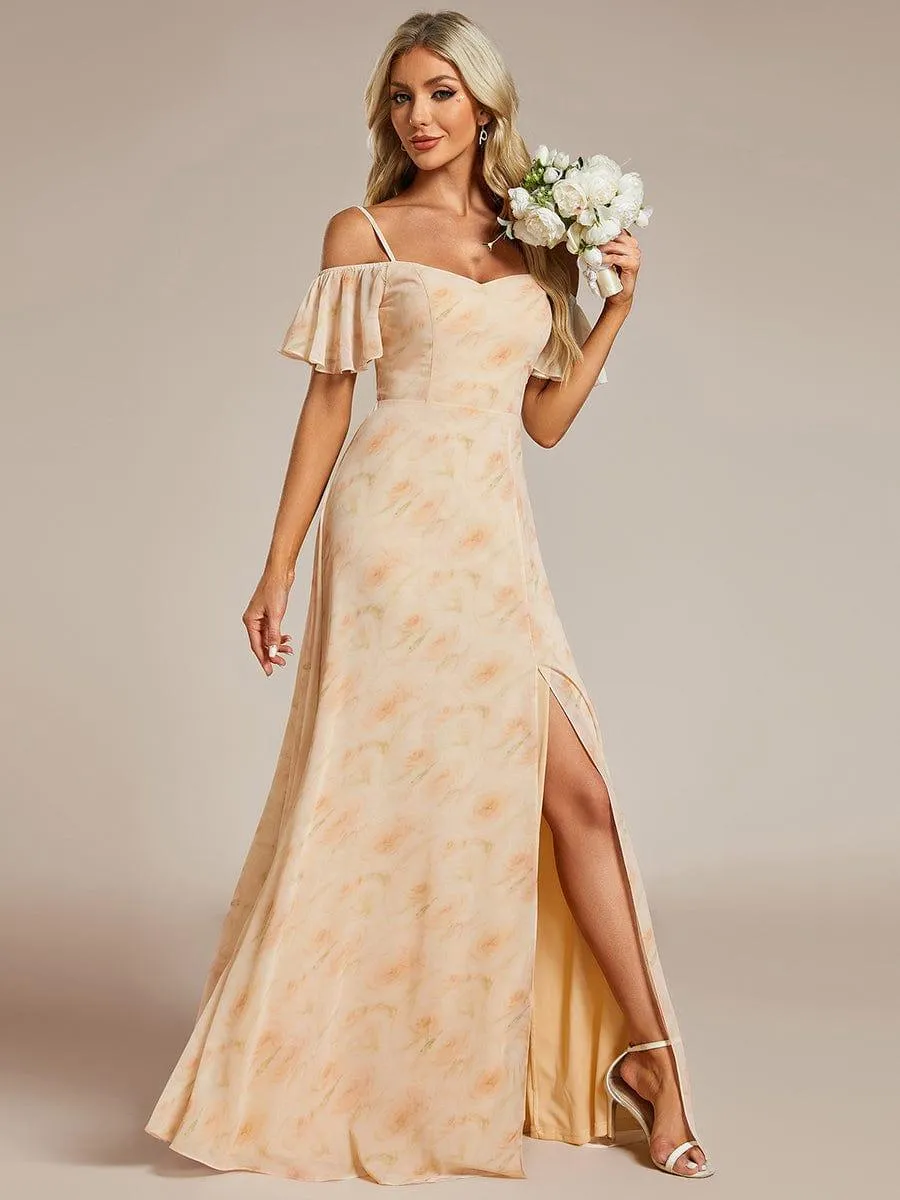 Stylish Cold-Shoulder Floor Length Bridesmaid Dress with Side Slit