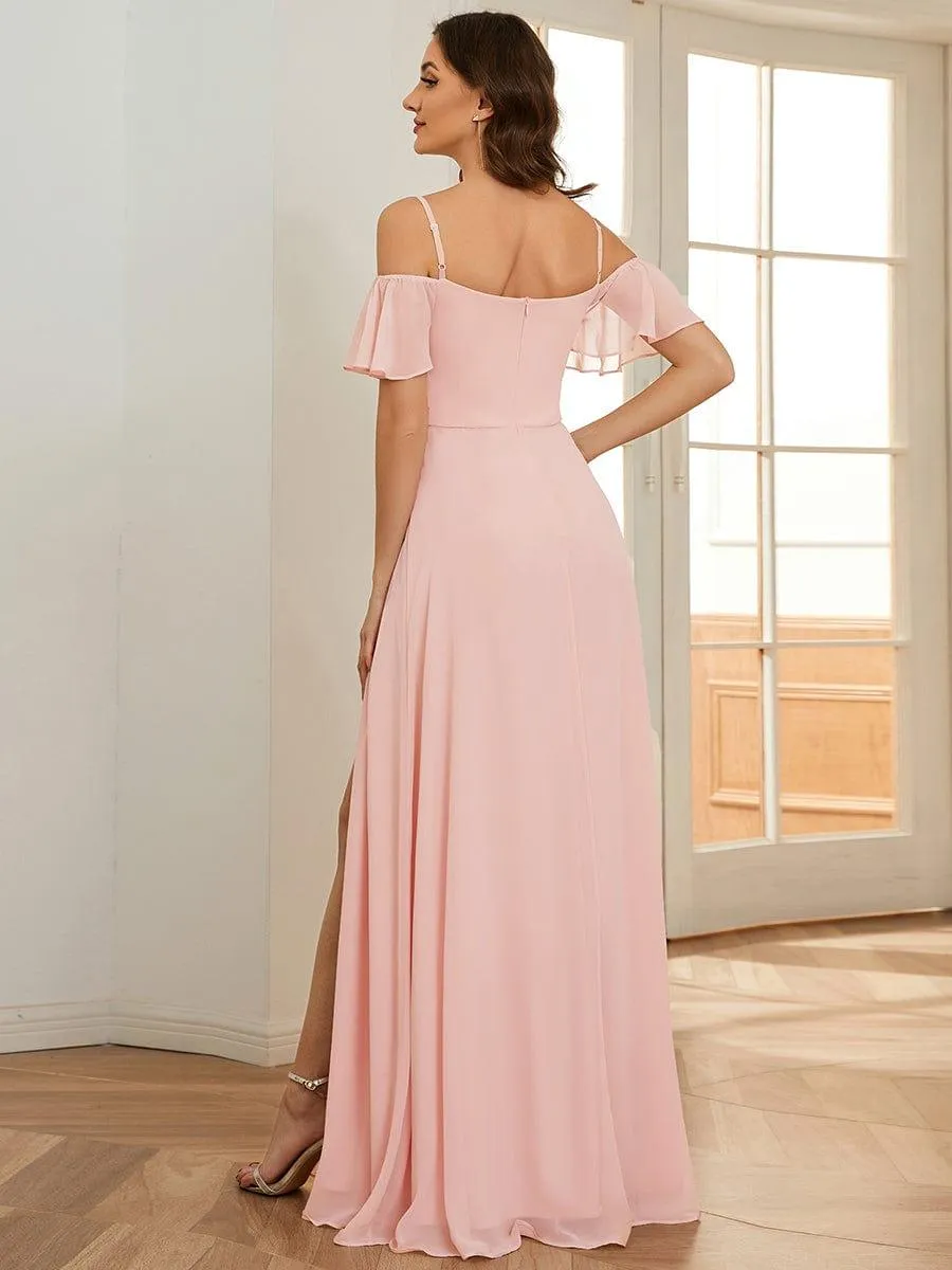Stylish Cold-Shoulder Floor Length Bridesmaid Dress with Side Slit