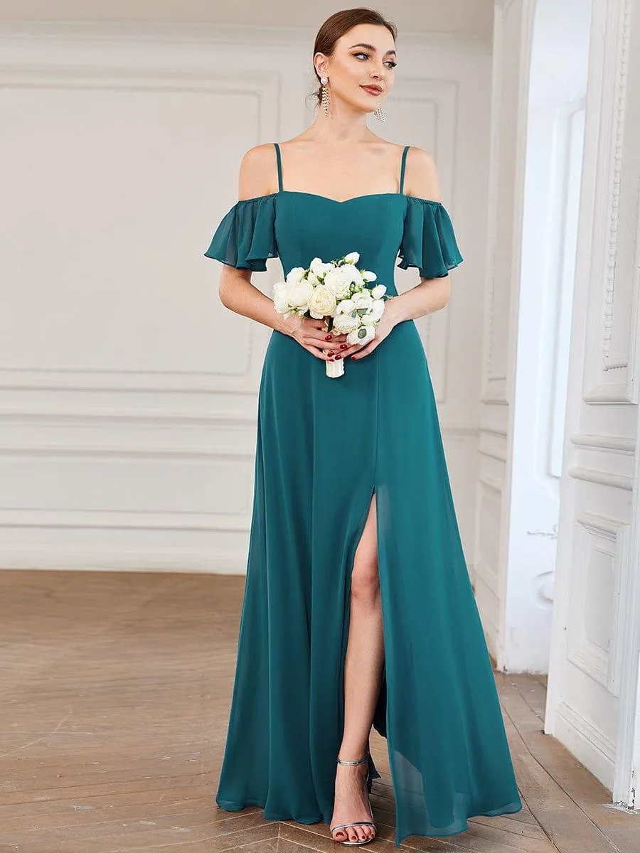 Stylish Cold-Shoulder Floor Length Bridesmaid Dress with Side Slit