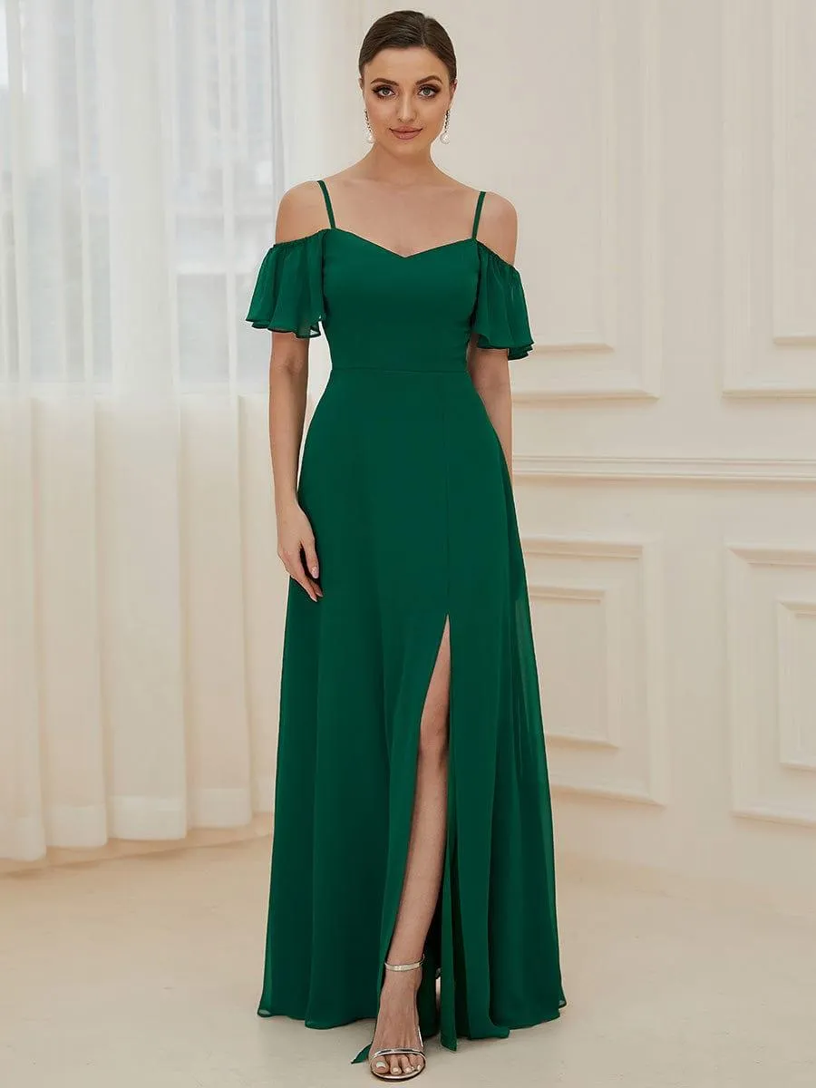 Stylish Cold-Shoulder Floor Length Bridesmaid Dress with Side Slit