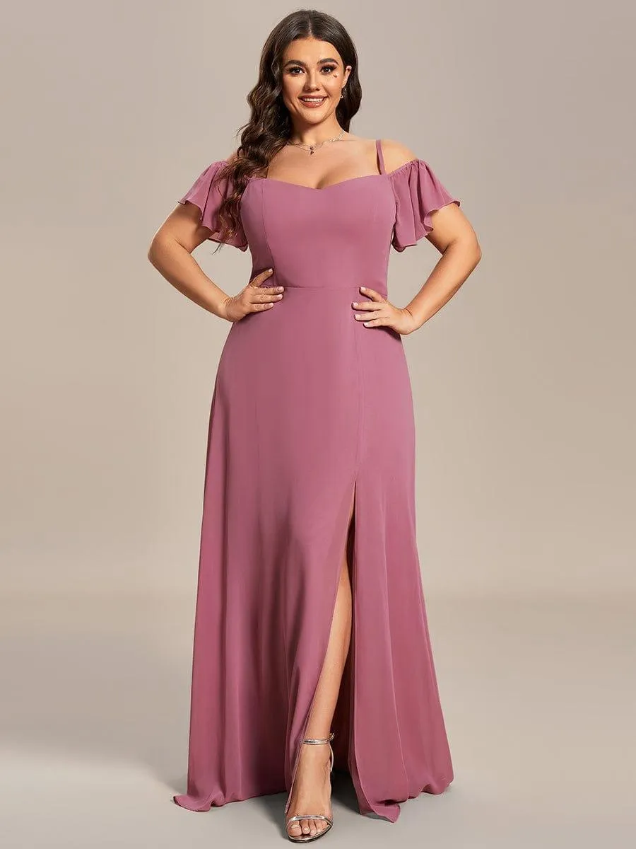 Stylish Cold-Shoulder Floor Length Bridesmaid Dress with Side Slit