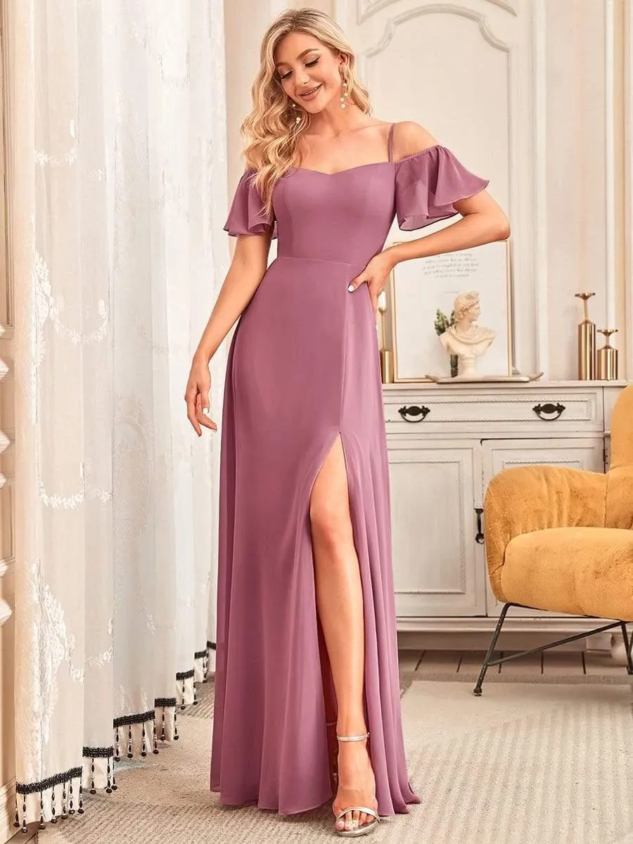 Stylish Cold-Shoulder Floor Length Bridesmaid Dress with Side Slit