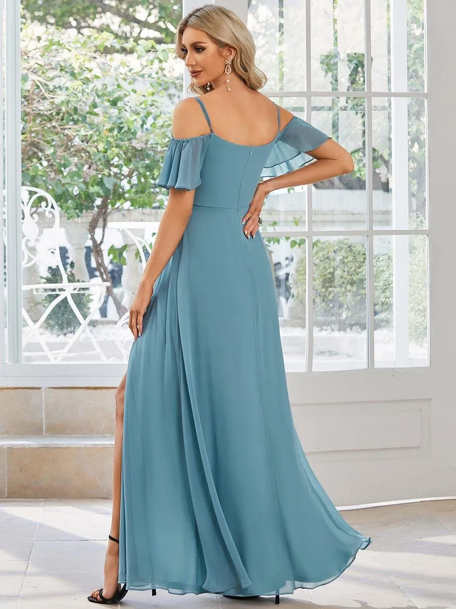 Stylish Cold-Shoulder Floor Length Bridesmaid Dress with Side Slit