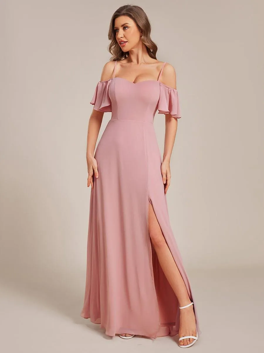 Stylish Cold-Shoulder Floor Length Bridesmaid Dress with Side Slit