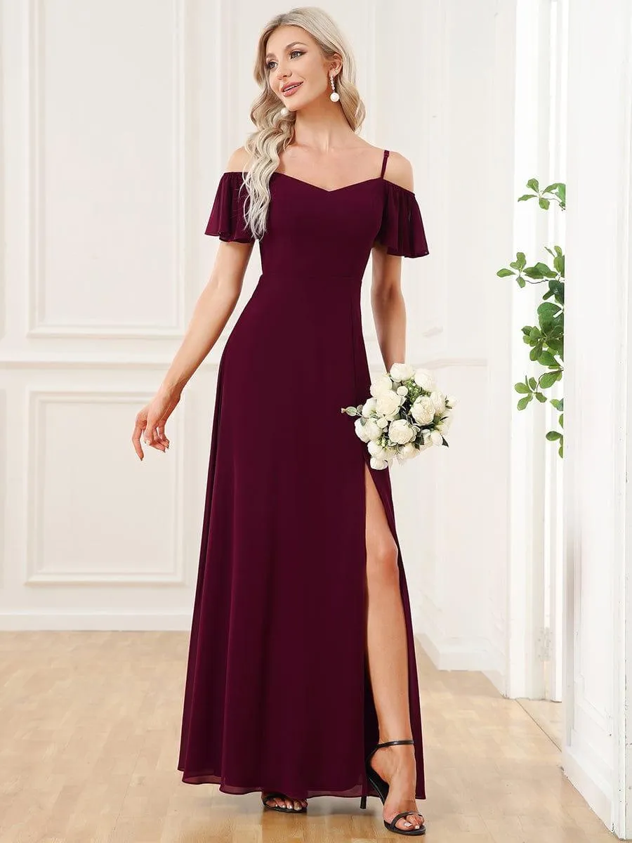 Stylish Cold-Shoulder Floor Length Bridesmaid Dress with Side Slit