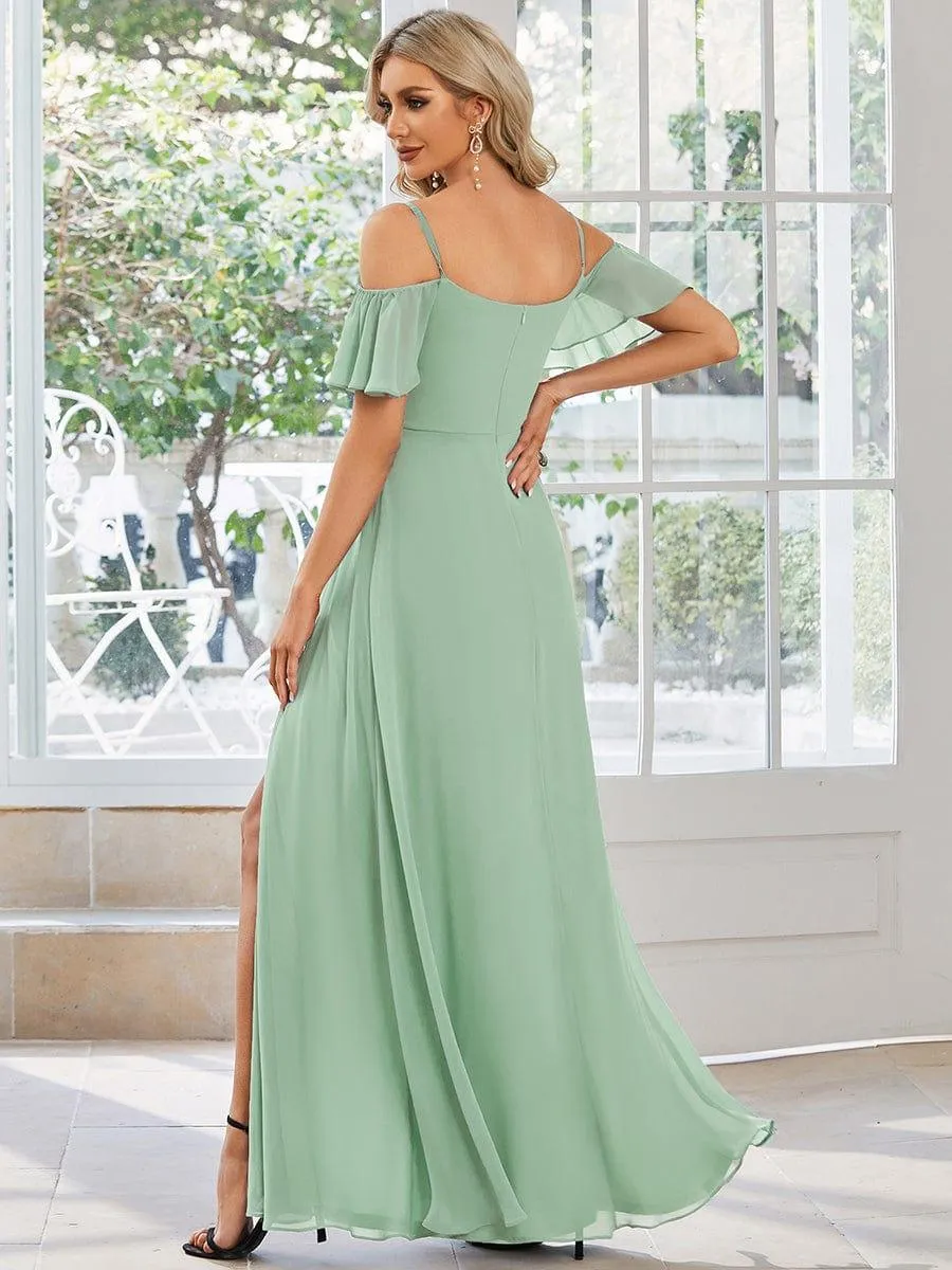 Stylish Cold-Shoulder Floor Length Bridesmaid Dress with Side Slit