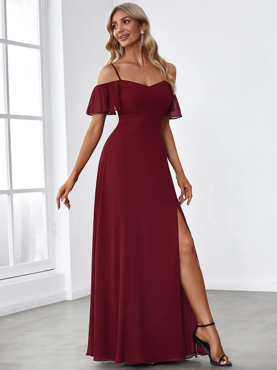 Stylish Cold-Shoulder Floor Length Bridesmaid Dress with Side Slit