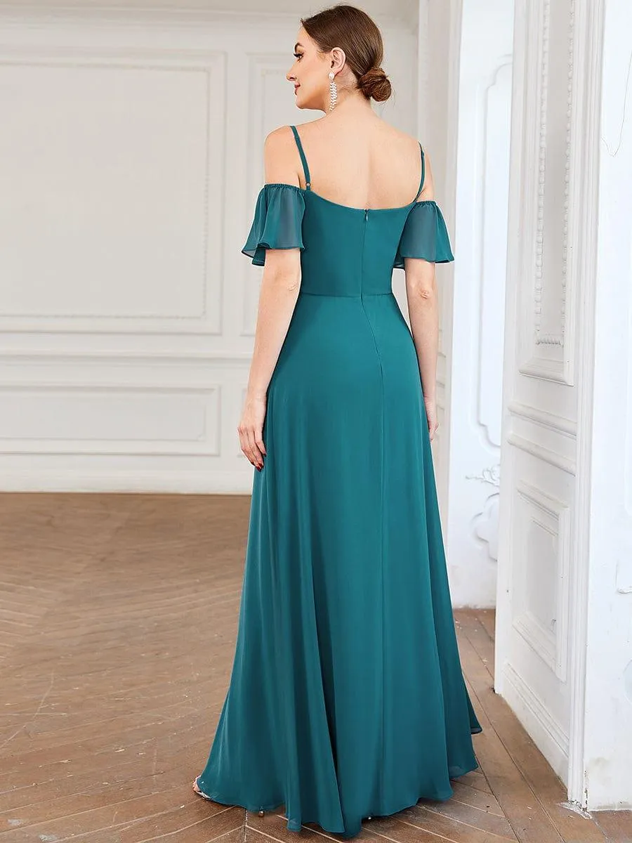 Stylish Cold-Shoulder Floor Length Bridesmaid Dress with Side Slit
