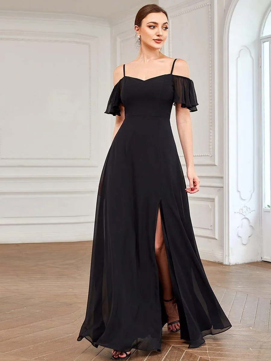 Stylish Cold-Shoulder Floor Length Bridesmaid Dress with Side Slit