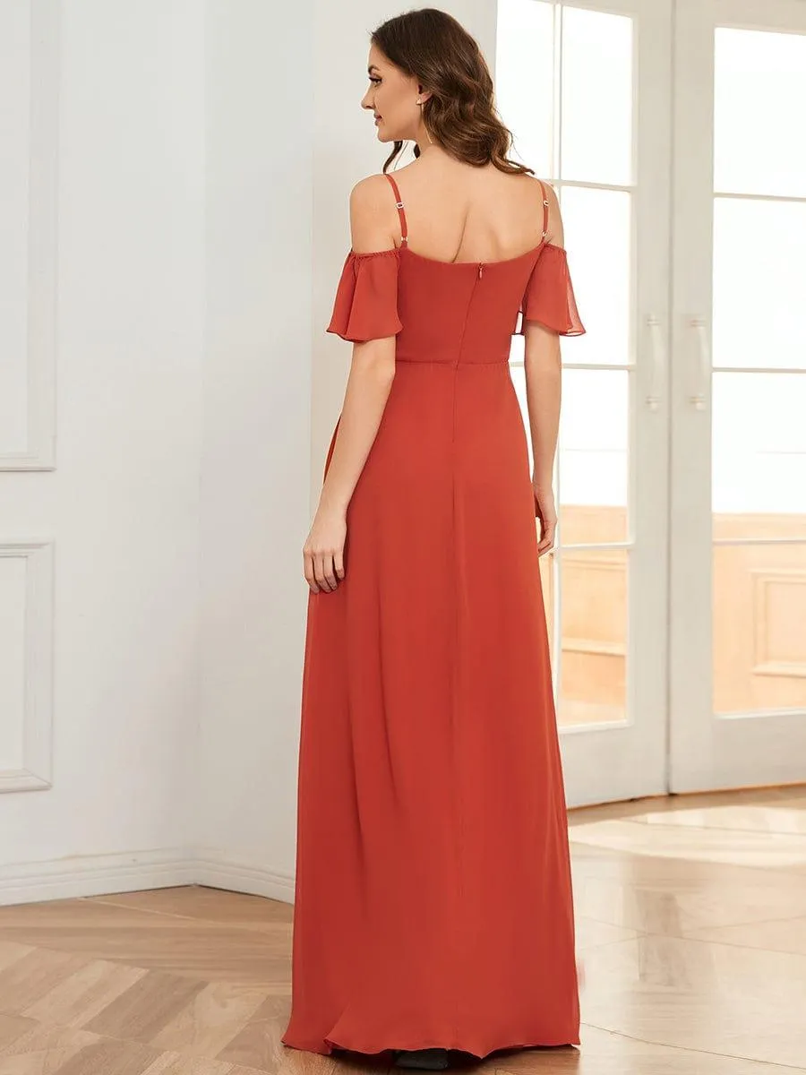 Stylish Cold-Shoulder Floor Length Bridesmaid Dress with Side Slit