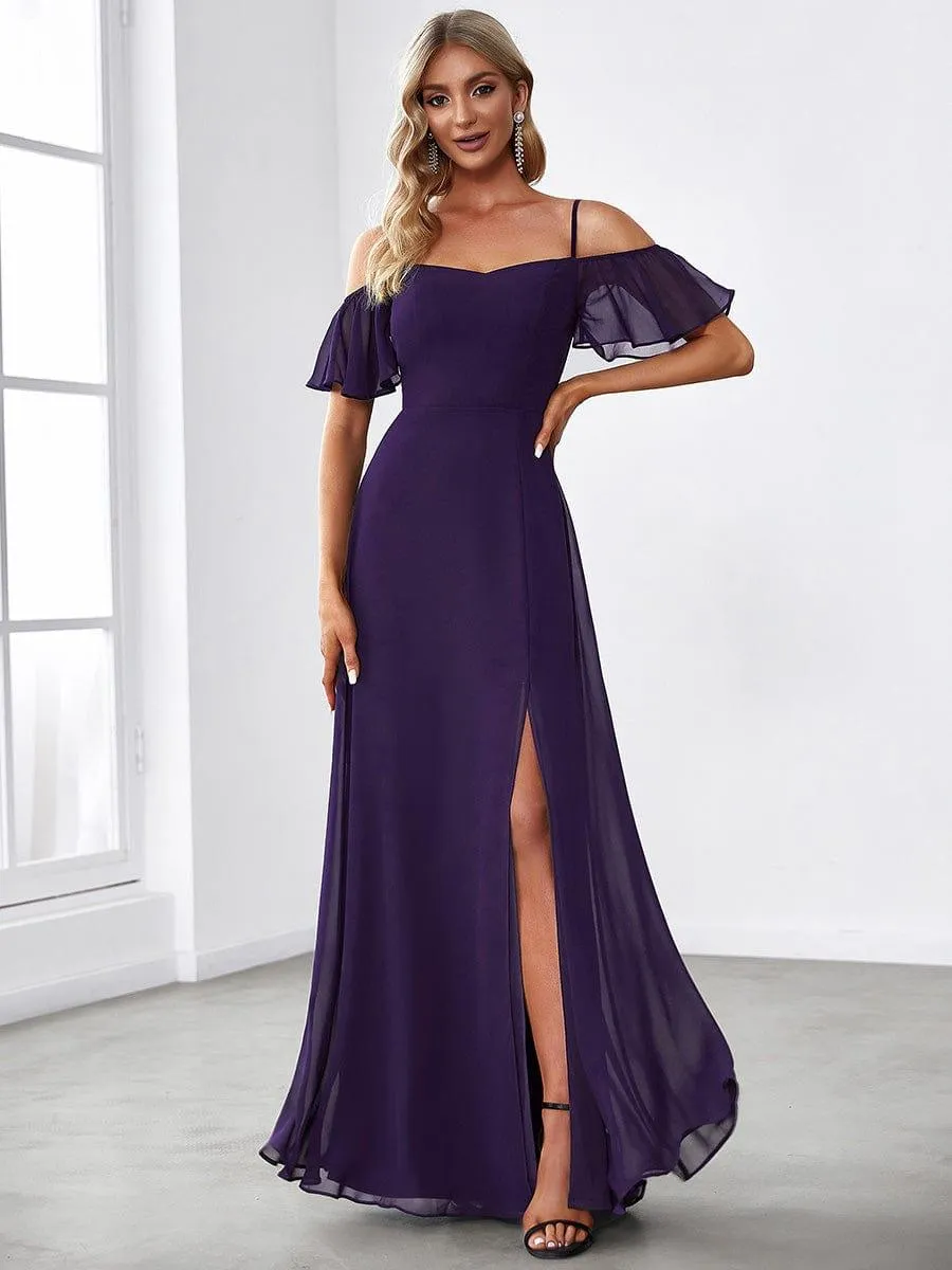 Stylish Cold-Shoulder Floor Length Bridesmaid Dress with Side Slit