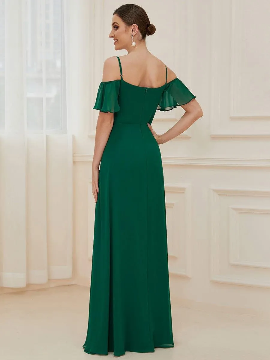 Stylish Cold-Shoulder Floor Length Bridesmaid Dress with Side Slit