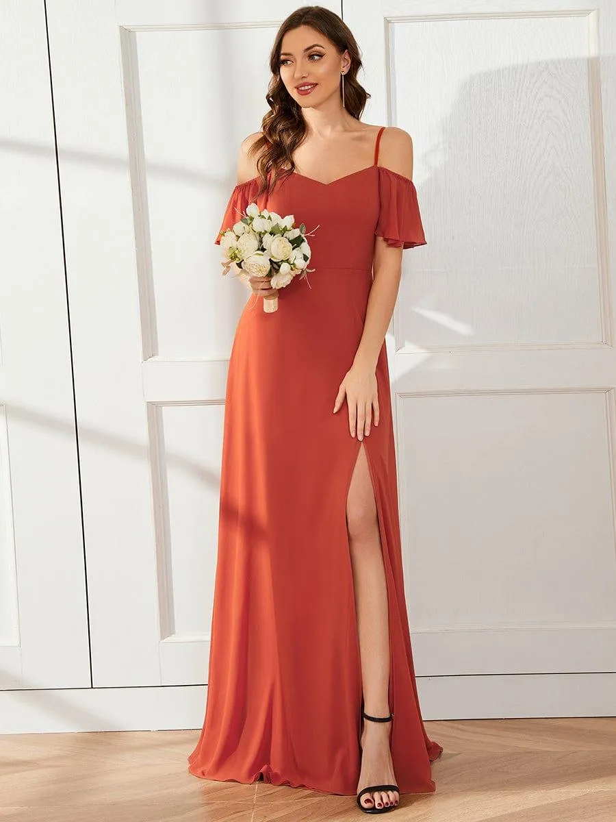 Stylish Cold-Shoulder Floor Length Bridesmaid Dress with Side Slit