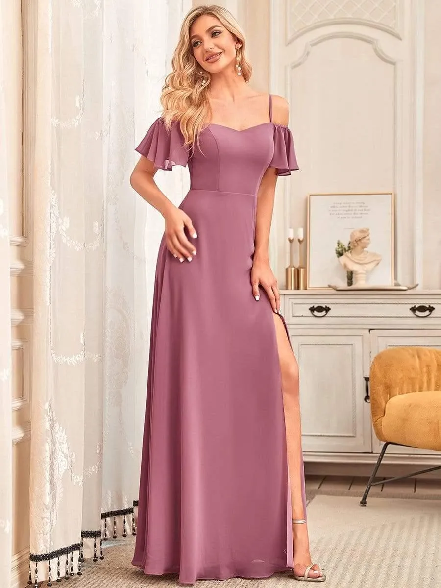 Stylish Cold-Shoulder Floor Length Bridesmaid Dress with Side Slit