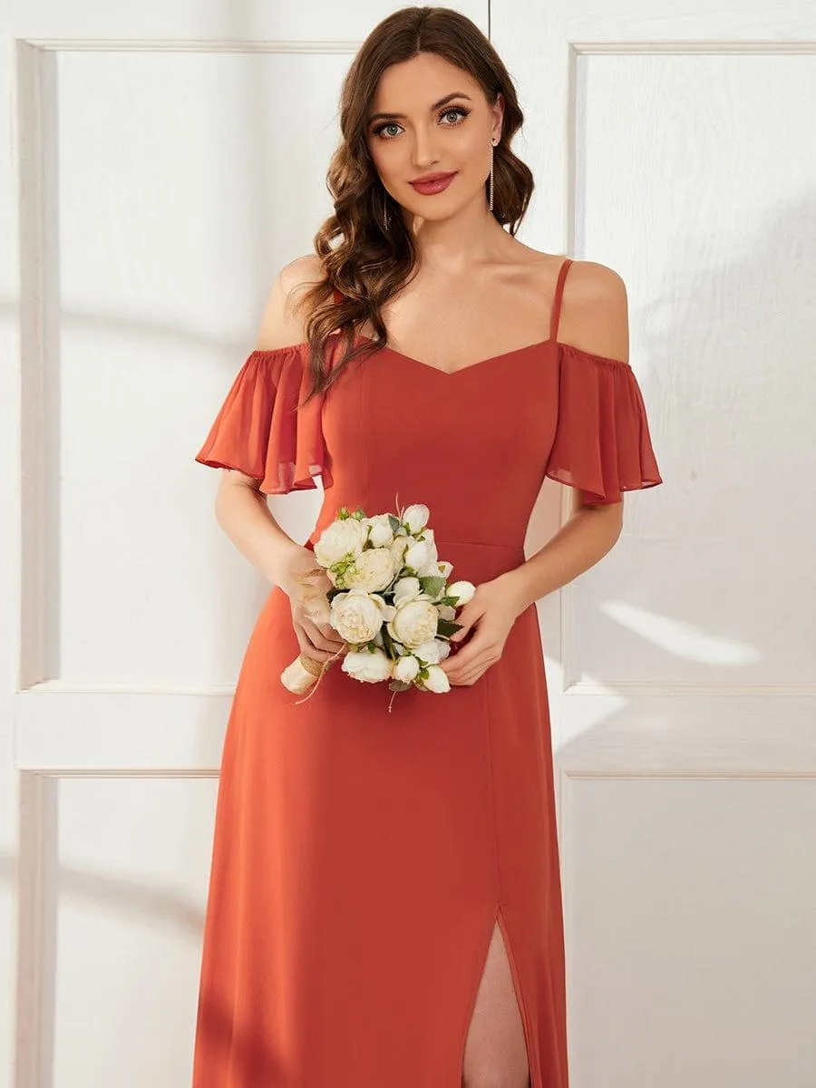Stylish Cold-Shoulder Floor Length Bridesmaid Dress with Side Slit