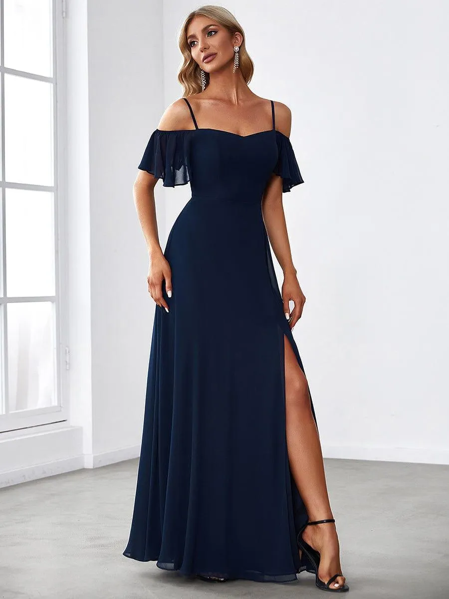 Stylish Cold-Shoulder Floor Length Bridesmaid Dress with Side Slit