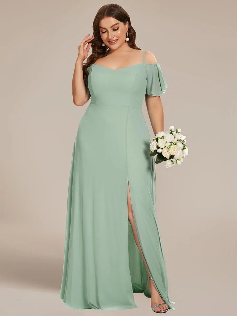 Stylish Cold-Shoulder Floor Length Bridesmaid Dress with Side Slit