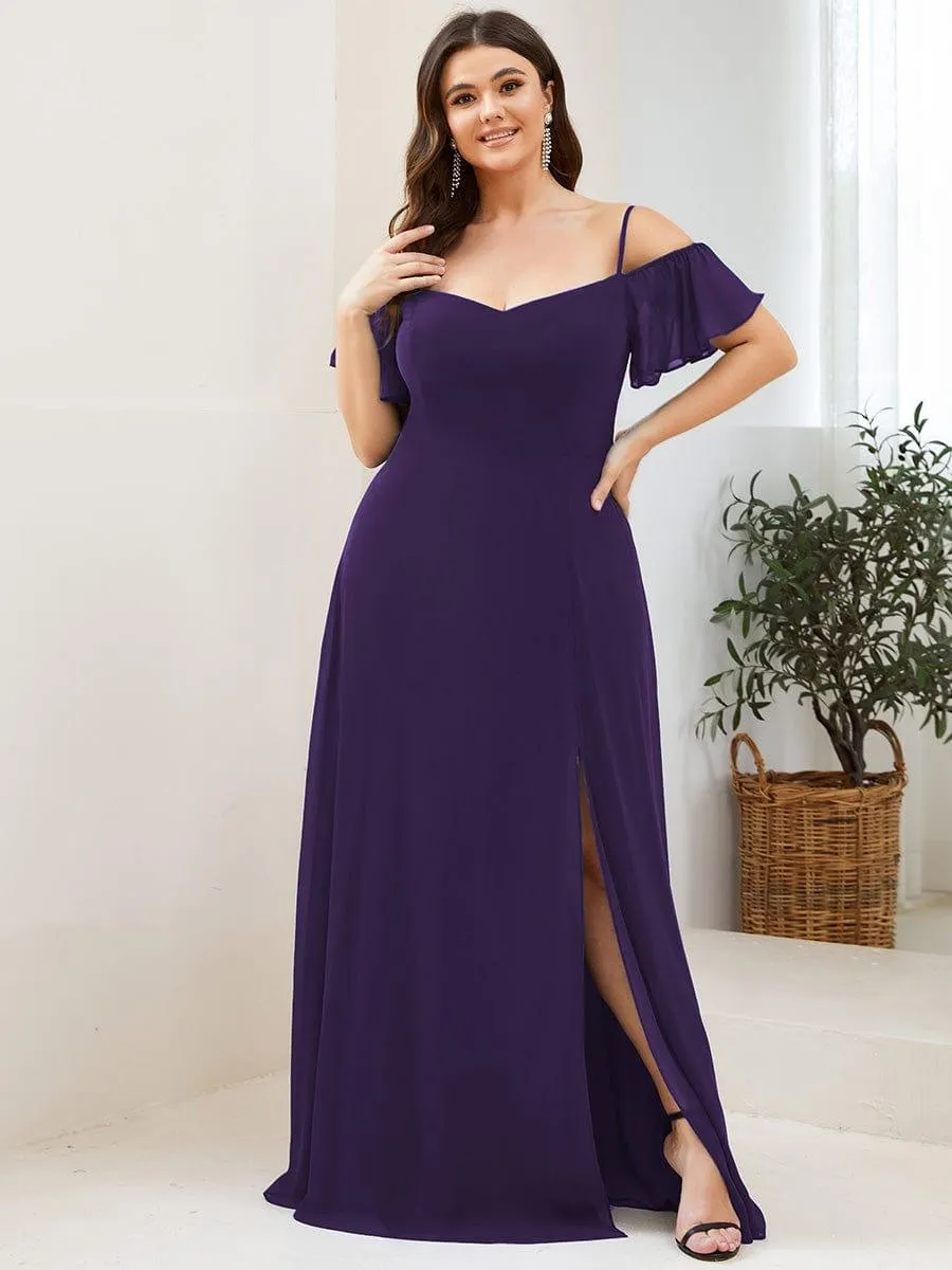 Stylish Cold-Shoulder Floor Length Bridesmaid Dress with Side Slit
