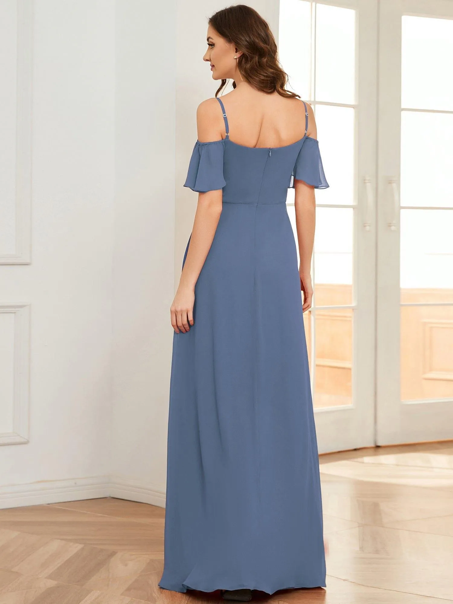 Stylish Cold-Shoulder Floor Length Bridesmaid Dress with Side Slit