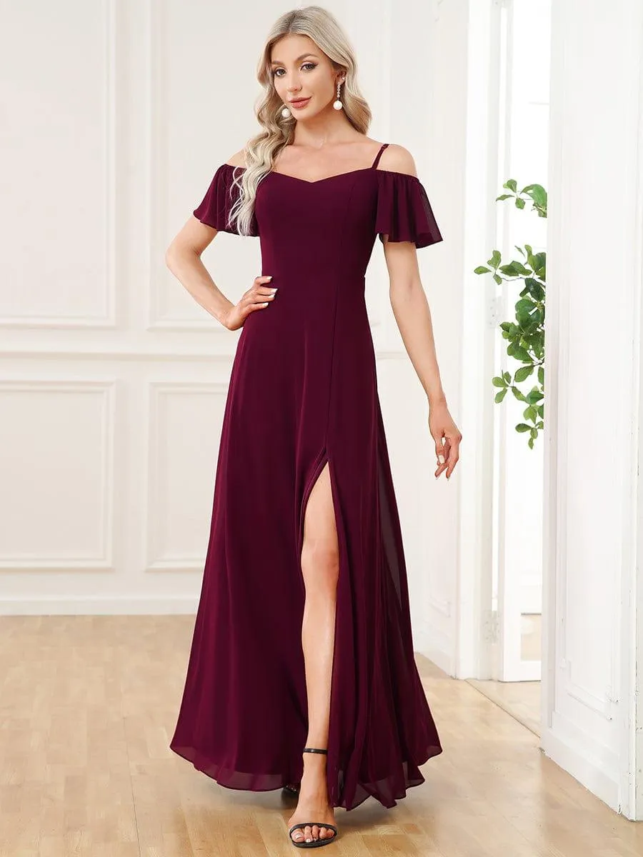 Stylish Cold-Shoulder Floor Length Bridesmaid Dress with Side Slit
