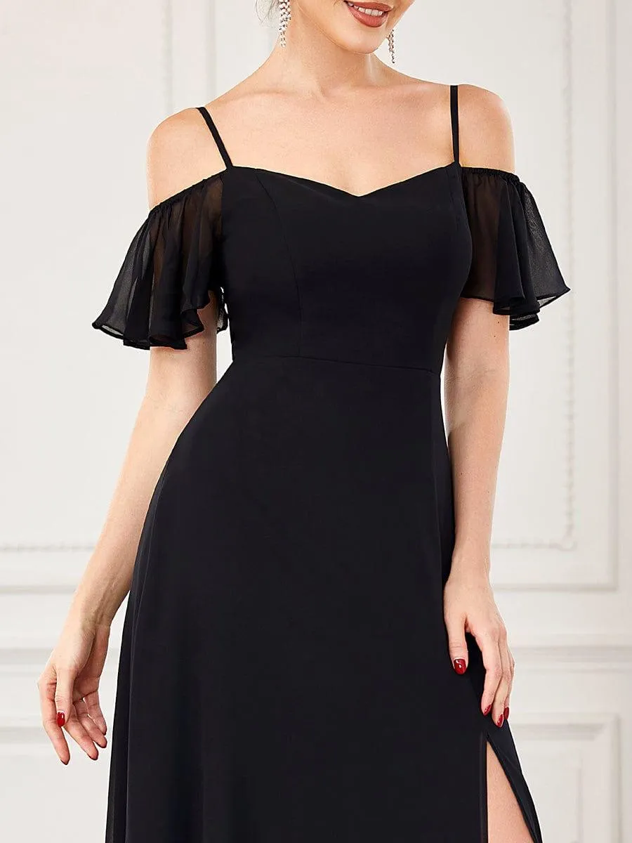 Stylish Cold-Shoulder Floor Length Bridesmaid Dress with Side Slit