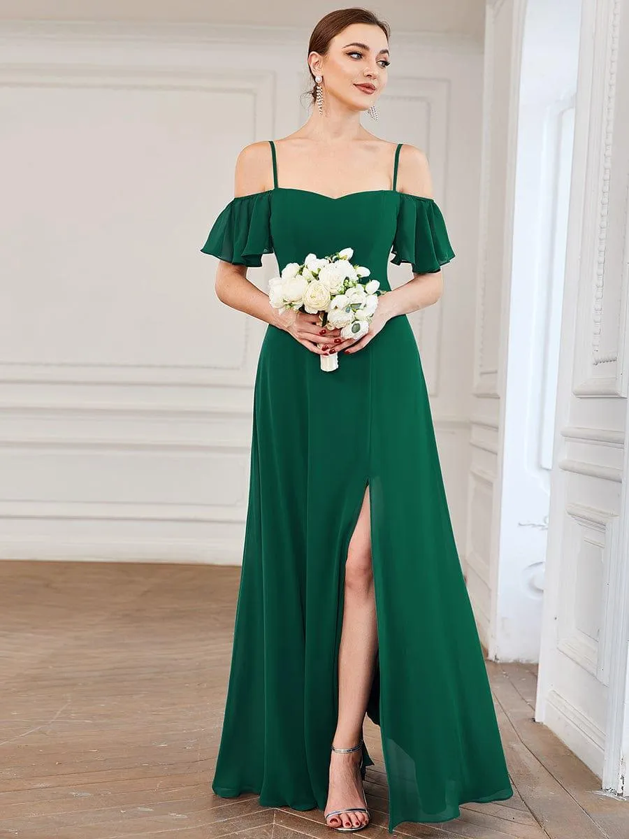 Stylish Cold-Shoulder Floor Length Bridesmaid Dress with Side Slit