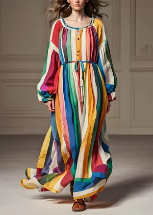 Stylish Colorblock U Neck Patchwork Cotton Dresses Lantern Sleeve