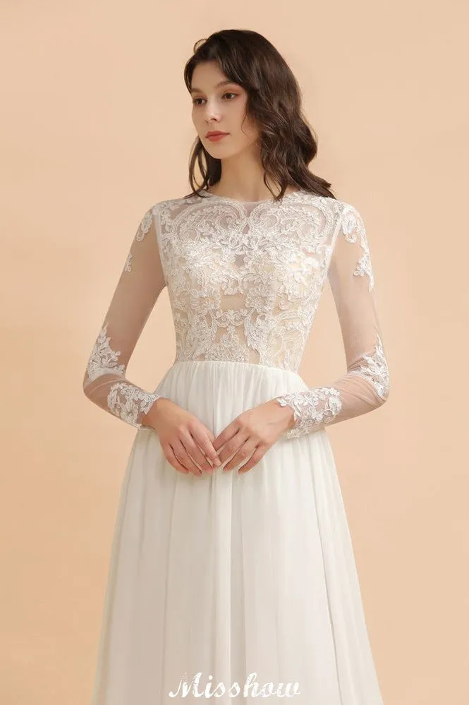 Stylish Crew Neck Lace Appliques Wedding Dress Long Sleeve Chiffon Simple Bridal Gown