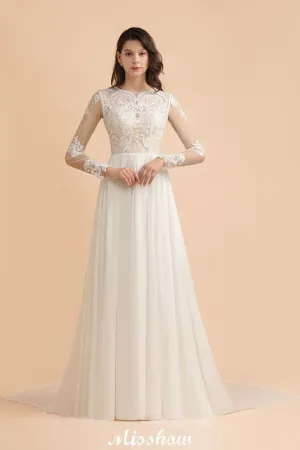 Stylish Crew Neck Lace Appliques Wedding Dress Long Sleeve Chiffon Simple Bridal Gown