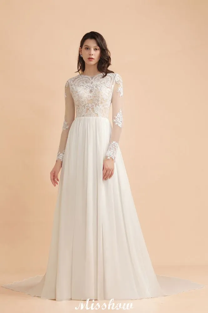 Stylish Crew Neck Lace Appliques Wedding Dress Long Sleeve Chiffon Simple Bridal Gown
