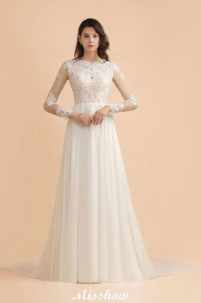 Stylish Crew Neck Lace Appliques Wedding Dress Long Sleeve Chiffon Simple Bridal Gown