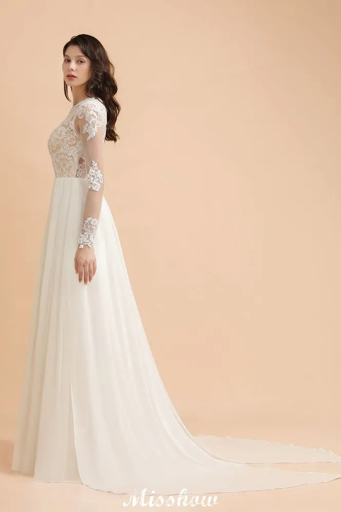 Stylish Crew Neck Lace Appliques Wedding Dress Long Sleeve Chiffon Simple Bridal Gown