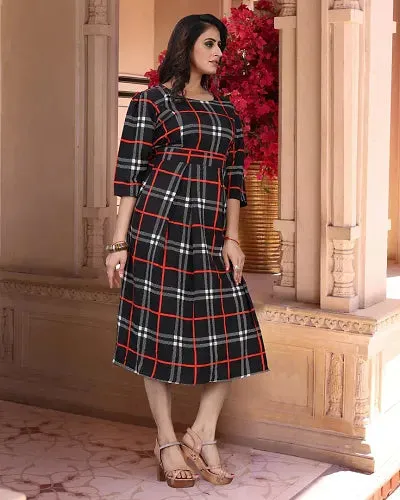 Stylish Multicoloured Cotton Blend Checked A-Line Dress For Women