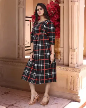 Stylish Multicoloured Cotton Blend Checked A-Line Dress For Women