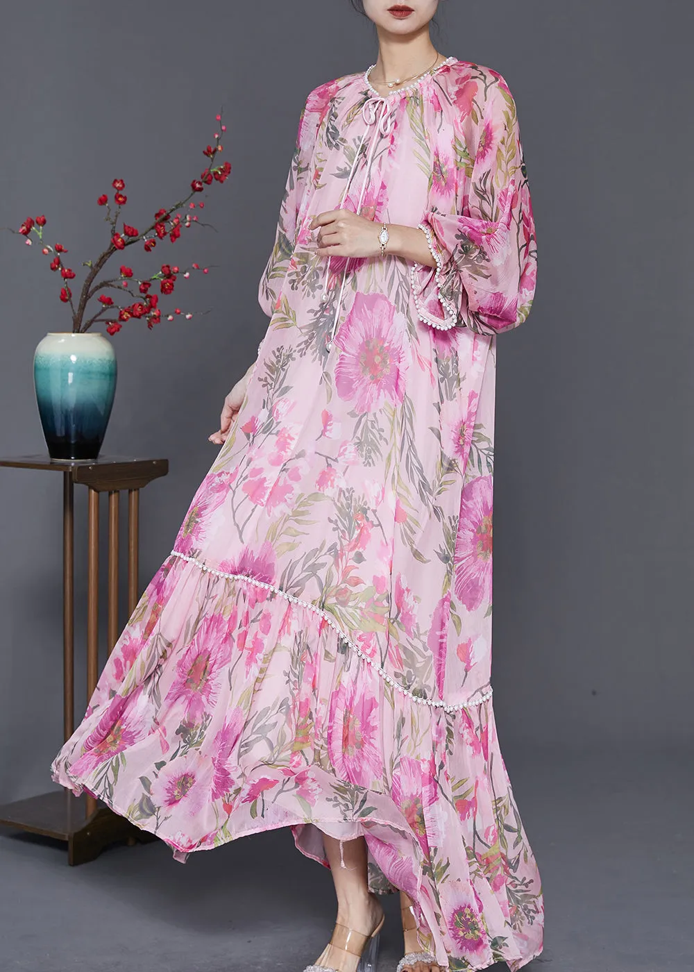 Stylish Pink Oversized Print Chiffon Maxi Dresses Spring
