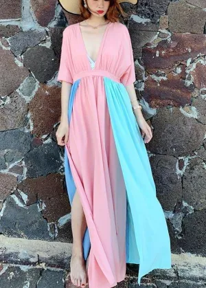 Stylish Pink Patchwork Blue Cotton side open Beach Gown Dresses