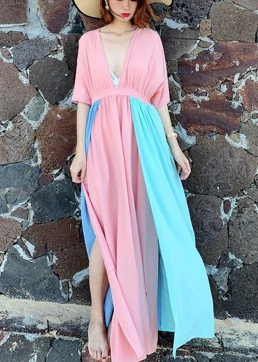Stylish Pink Patchwork Blue Cotton side open Beach Gown Dresses