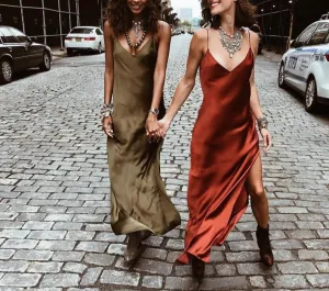 Stylish Satin V-Neck Spaghetti Strap Side Split Maxi Dress
