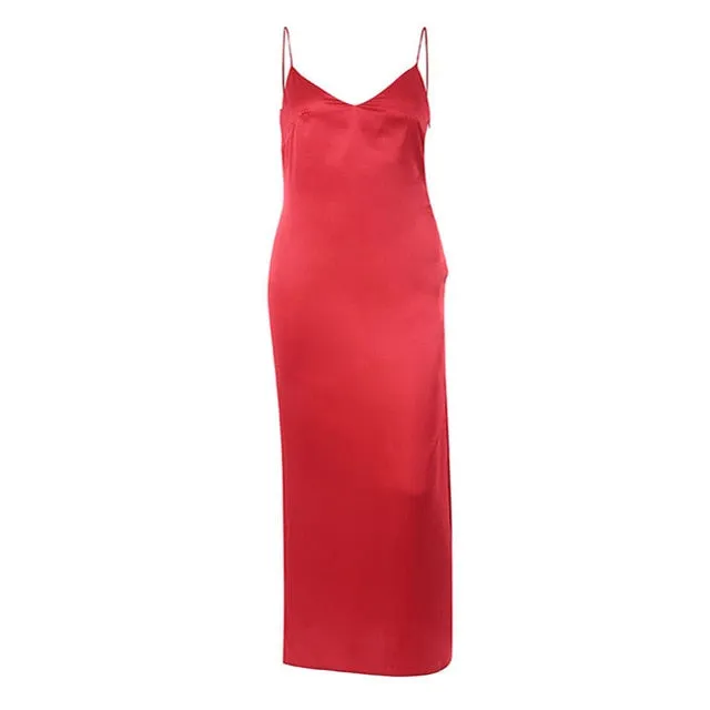 Stylish Satin V-Neck Spaghetti Strap Side Split Maxi Dress