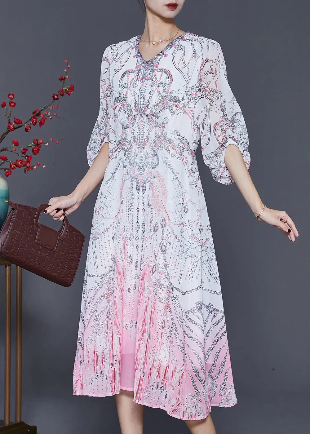 Stylish White Print Gradient Color Chiffon Beach Dresses Lantern Sleeve