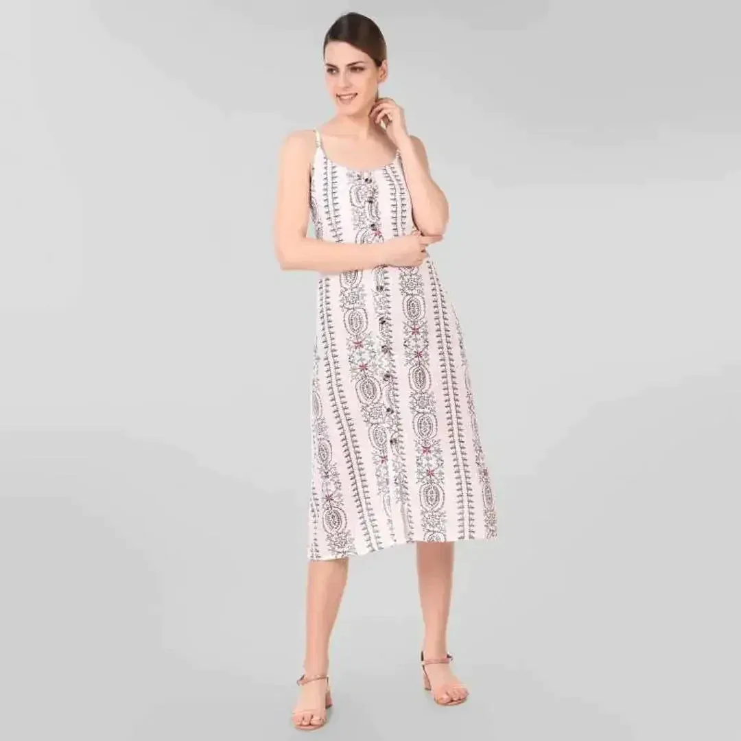 Stylish White Printed Rayon Shoulder Strap Dresses For Women