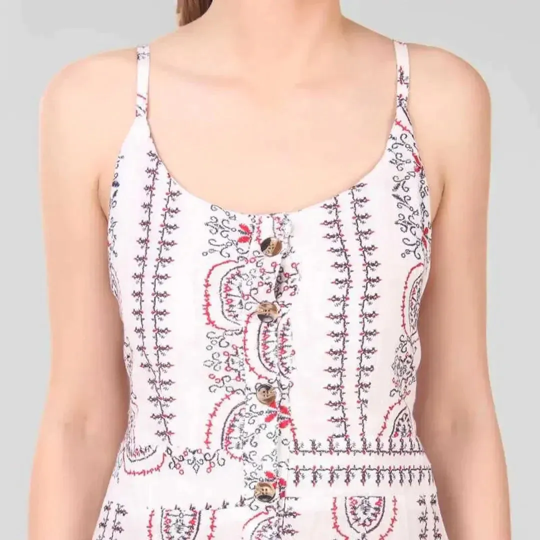 Stylish White Printed Rayon Shoulder Strap Dresses For Women