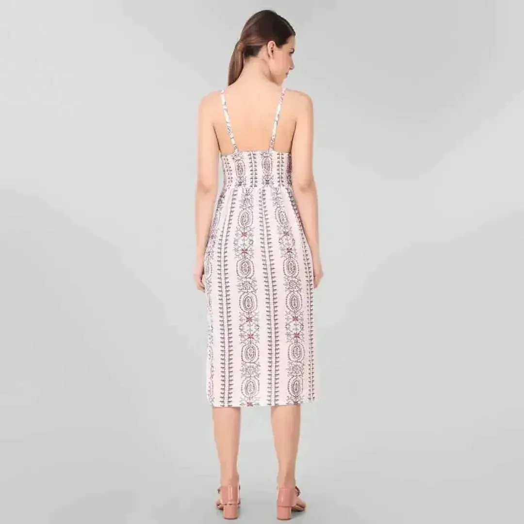 Stylish White Printed Rayon Shoulder Strap Dresses For Women