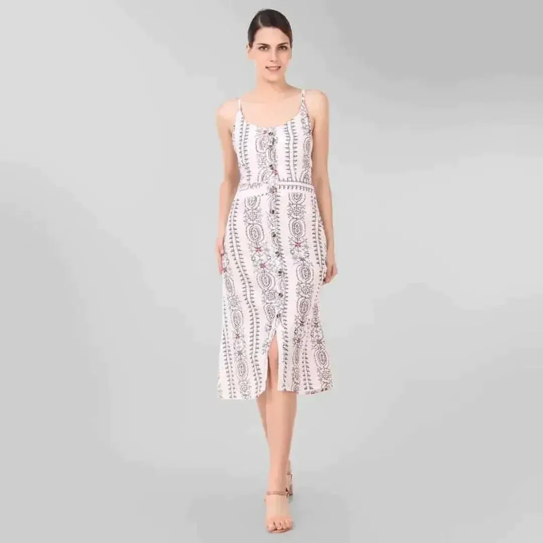 Stylish White Printed Rayon Shoulder Strap Dresses For Women